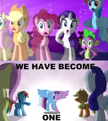 Size: 844x947 | Tagged: source needed, useless source url, safe, artist:theunknowenone1, derpibooru import, edit, edited screencap, screencap, trixie, twilight sparkle, twilight sparkle (alicorn), alicorn, pony, magical mystery cure, alicorn flash, conjoined, exploitable meme, female, fusion, lesbian, mare, meme, shipping, twixie, two heads, we have become one, what has science done