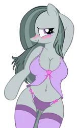 Size: 746x1200 | Tagged: anthro, arm hooves, armpits, artist:an-tonio, artist:hendro107, belly button, big breasts, blushing, breasts, busty marble pie, cleavage, clothes, derpibooru import, edit, female, marble pie, messy mane, nightgown, panties, simple background, solo, solo female, stockings, stupid sexy marble pie, suggestive, transparent background, underwear, vector, vector edit