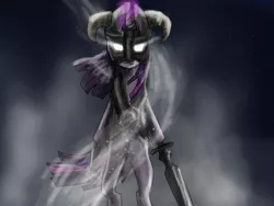 Size: 2000x1500 | Tagged: safe, artist:cannotbeunseen, derpibooru import, twilight sparkle, pony, bipedal, crossover, dovahkiin, glowing eyes, helmet, skyrim, solo, sword, the elder scrolls, weapon