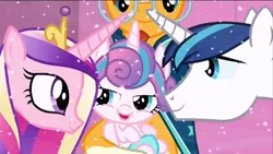 Size: 1920x1080 | Tagged: safe, derpibooru import, screencap, princess cadance, princess flurry heart, shining armor, sunburst, pony, the crystalling, baby, baby pony, evil, evil flurry heart, family, father and daughter, female, glasses, lidded eyes, male, mother and daughter, mother and father, nuzzling, open mouth, shiningcadance, shipping, smiling, straight