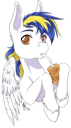 Size: 827x1487 | Tagged: safe, derpibooru import, oc, oc:juby skylines, unofficial characters only, pegasus, pony, cute, feather, fluffy, food, juice, juice box, wing fluff
