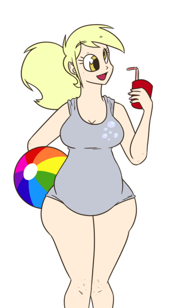 Size: 700x1250 | Tagged: aderpose, alternate hairstyle, artist:bigponiesinc, beach ball, belly, bendy straw, breasts, busty derpy hooves, chubby, cleavage, clothes, cute, cutie mark on clothes, dead source, derpabetes, derpibooru import, derpy hooves, drink, drinking straw, fat, female, freckles, human, humanized, one-piece swimsuit, open mouth, plump, ponytail, safe, simple background, smiling, solo, swimsuit, transparent background, wide hips