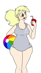 Size: 700x1250 | Tagged: aderpose, alternate hairstyle, artist:bigponiesinc, beach ball, belly, bendy straw, breasts, busty derpy hooves, chubby, cleavage, clothes, cute, cutie mark on clothes, dead source, derpabetes, derpibooru import, derpy hooves, drink, drinking straw, fat, female, freckles, human, humanized, one-piece swimsuit, open mouth, plump, ponytail, safe, simple background, smiling, solo, swimsuit, transparent background, wide hips