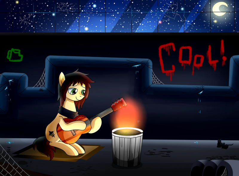 Size: 2300x1700 | Tagged: artist:zoruanna, clothes, derpibooru import, fire, graffiti, guitar, moon, night, oc, oc:candlelight, safe, scarf, solo, spider web, stars, unofficial characters only