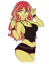 Size: 2550x3300 | Tagged: suggestive, artist:enyoiyourself, derpibooru import, sunset shimmer, equestria girls, belly button, belt, breasts, busty sunset shimmer, choker, cleavage, clothes, devil horn (gesture), ear piercing, earring, female, grin, jewelry, looking at you, midriff, miniskirt, necklace, piercing, ring, short skirt, sideboob, simple background, skirt, smiling, solo, solo female, tanktop, thighs, white background, wristband