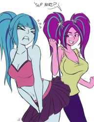 Size: 2550x3300 | Tagged: suggestive, artist:enyoiyourself, derpibooru import, aria blaze, sonata dusk, equestria girls, belly button, big breasts, breasts, bullying, busty aria blaze, busty sonata dusk, cleavage, clothes, covering, crying, female, females only, humiliation, midriff, panties, panty pull, pigtails, pleated skirt, ponytail, purple underwear, skirt, skirt lift, tanktop, underwear, wedgie