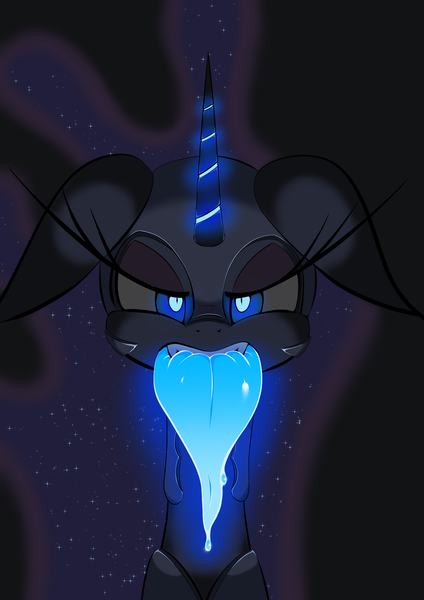 Size: 1447x2047 | Tagged: safe, artist:theobrobine, derpibooru import, nightmare moon, drool, glow, long tongue, nightmare mlem, solo, tongue out