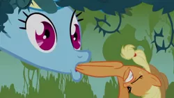 Size: 640x360 | Tagged: applejack, appletini, bridle gossip, derpibooru import, duo, micro, rainbow dash, safe, screencap, sucking, vore