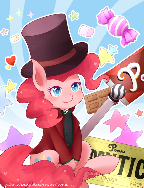 Size: 1300x1700 | Tagged: artist:pika-chany, charlie and the chocolate factory, chocolate, crossover, derpibooru import, food, golden ticket, hat, heart eyes, marshmallow, pinkie pie, ponka, safe, solo, top hat, willy wonka, wingding eyes