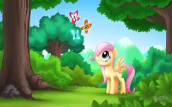 Size: 2560x1600 | Tagged: artist:mysticalpha, butterfly, cute, derpibooru import, female, filly, filly fluttershy, fluttershy, forest, hair over one eye, safe, shyabetes, solo, the cutie mark chronicles, younger