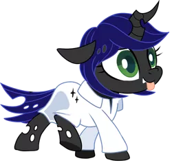 Size: 538x517 | Tagged: safe, artist:pepooni, derpibooru import, oc, oc:dark matter, unofficial characters only, changeling, chibi, clothes, lab coat, solo