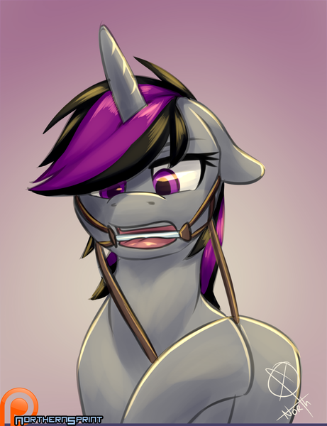 Size: 1280x1667 | Tagged: safe, artist:northernsprint, derpibooru import, oc, unofficial characters only, pony, unicorn, bit, bridle, floppy ears, glare, hoof hold, open mouth, patreon, patreon logo, pulling, reins, solo, tongue out, unamused