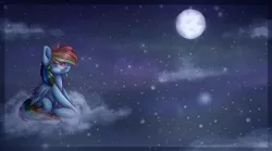 Size: 2304x1284 | Tagged: artist:kilamuri, cloud, crying, derpibooru import, moon, night, rainbow dash, safe, sitting, snow, snowfall, solo