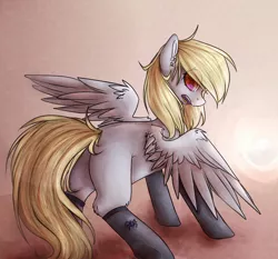 Size: 1398x1305 | Tagged: safe, artist:kilamuri, derpibooru import, derpy hooves, pegasus, pony, clothes, female, mare, missing cutie mark, plot, socks, solo, spread wings