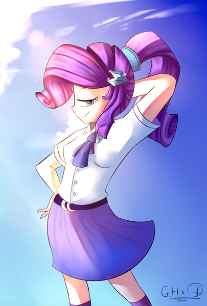 Size: 1080x1600 | Tagged: safe, artist:gianghanz, artist:phuocthiencreation, derpibooru import, rarity, equestria girls, clothes, collaboration, cute, fabulous, human coloration, raribetes, signature, skirt, solo