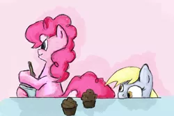 Size: 1219x812 | Tagged: safe, artist:red, derpibooru import, derpy hooves, pinkie pie, pony, bipedal, eyes on the prize, food, muffin