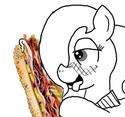 Size: 640x600 | Tagged: suggestive, artist:ficficponyfic, derpibooru import, edit, oc, oc:emerald jewel, unofficial characters only, earth pony, pony, colt quest, amulet, bedroom eyes, blushing, blushing profusely, food, lettuce, lust, male, mayonnaise, meat, not porn, pickle, sandwich, sandwich censorship, sauce, that's not mayonnaise, tongue out