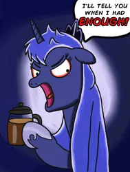 Size: 2512x3320 | Tagged: artist:saburodaimando, bobby hill, caffeine, coffee, derpibooru import, food, hyperactive, insanity, king of the hill, luna found the coffee, luna loves coffee, princess luna, safe, solo, this will end in tears