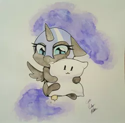 Size: 2141x2117 | Tagged: safe, artist:captainpudgemuffin, derpibooru import, nightmare moon, alicorn, pony, :3, biting, commission, cute, female, filly, floppy ears, frown, glare, moonabetes, nightmare woon, pillow, pillow hug, sitting, solo, traditional art