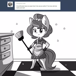 Size: 1296x1296 | Tagged: safe, artist:tjpones, derpibooru import, oc, oc:brownie bun, unofficial characters only, anthro, earth pony, unguligrade anthro, horse wife, anthro oc, apron, bipedal, broom, clothes, cute, ear fluff, female, gloves, grayscale, hand, hooves, monochrome, skirt, solo, sparkles, stars, this will end in fire, tumblr, what has science done, xk-class end-of-the-world scenario