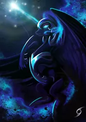 Size: 2480x3508 | Tagged: safe, artist:blackrunewarlock, derpibooru import, nightmare moon, alicorn, pony, ethereal mane, female, flying, glowing horn, magic, mare, night, solo, spread wings, starry mane, wings