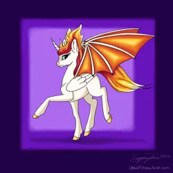Size: 1200x1200 | Tagged: safe, artist:littlewolfstudios, derpibooru import, oc, oc:amberlight, unofficial characters only, alicorn, pony, art trade, bat wings, duel wings, female, mane of fire, mare, pegasus wings, solo