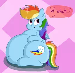 Size: 1618x1578 | Tagged: artist:dullpoint, belly, belly button, big belly, chubby cheeks, derpibooru import, fat, female, rainblob dash, rainbow dash, sitting, solo, solo female, suggestive, text, tubby wubby pony waifu