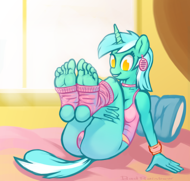 Size: 1434x1363 | Tagged: anthro, artist:bad rainbow, barefoot, bed, breasts, clothes, collar, derpibooru import, feet, female, fetish, foot fetish, gym uniform, leg warmers, lyra heartstrings, panties, pink underwear, plantigrade anthro, questionable, socks, soles, solo, solo female, tanktop, toes, underwear, wet, wristband