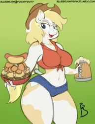 Size: 892x1155 | Tagged: alcohol, anthro, artist:nekocrispy, beer, belly button, breasts, burger, chicken, clothes, daisy dukes, derpibooru import, female, food, front knot midriff, hamburger, hot dog, meat, midriff, oc, oc:skyline, ponies eating meat, sausage, sequence, shorts, solo, solo female, suggestive, tail wrap, thighs, unofficial characters only, weight gain, weight gain sequence