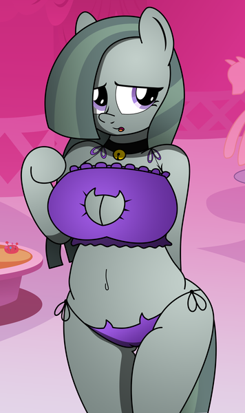 Size: 2122x3580 | Tagged: anthro, arm hooves, artist:an-tonio, artist:pananovich, bell, bell collar, belly button, big breasts, bra, bra on pony, breasts, busty marble pie, cameltoe, cat keyhole bra set, cat lingerie, cleavage, clothes, collar, colored, color edit, crop top bra, derpibooru import, edit, female, frilly underwear, huge breasts, lingerie, marble pie, panties, purple underwear, questionable, side knot underwear, solo, solo female, stupid sexy marble pie, underwear