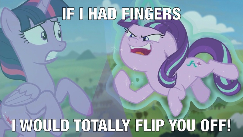 Size: 800x450 | Tagged: safe, derpibooru import, screencap, starlight glimmer, twilight sparkle, twilight sparkle (alicorn), alicorn, pony, the cutie re-mark, female, glowing horn, image macro, implied middle finger, levitation, magic, mare, meme, self-levitation, telekinesis