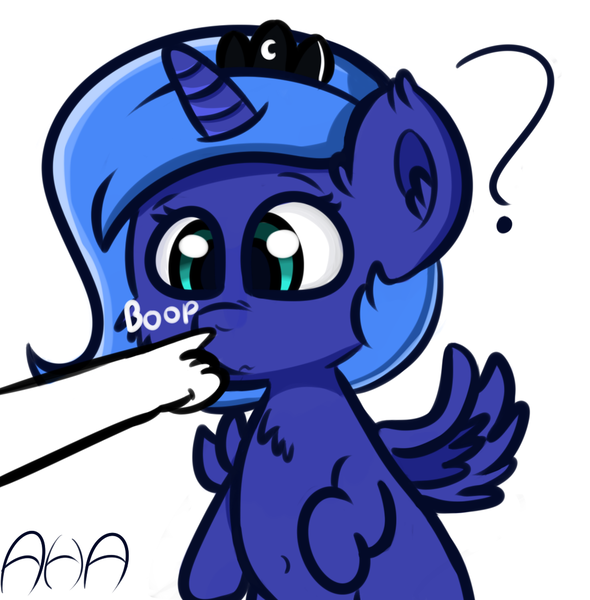 Size: 1100x1119 | Tagged: artist:an-honest-appul, belly button, boop, confused, cross-eyed, cute, derpibooru import, filly, fluffy, frown, hand, human, lunabetes, princess luna, question mark, s1 luna, safe, simple background, wavy mouth, white background, woona, younger