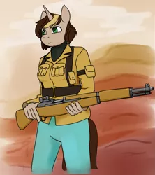 Size: 975x1100 | Tagged: safe, artist:arsadata111, derpibooru import, oc, oc:past tale, unofficial characters only, anthro, unicorn, fallout equestria, anthro oc, gun, m1 garand, rifle, roving trader, roving trader outfit, semi-automatic rifle, weapon