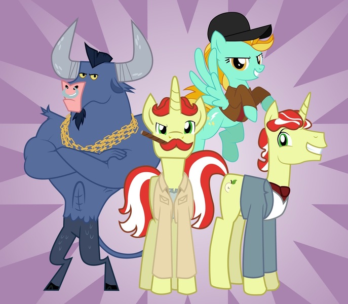 Size: 1600x1398 | Tagged: safe, artist:mlp-silver-quill, derpibooru import, idw, flam, flim, iron will, lightning dust, minotaur, pegasus, pony, unicorn, a-team, b.a. baracus, baseball cap, cap, cigarette, clothes, crossed arms, facial hair, female, flim flam brothers, hat, howling mad murdock, john hannibal smith, male, moustache, nose piercing, nose ring, parody, piercing, shirt, stallion, templeton peck