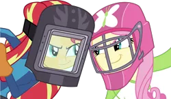 Size: 3113x1801 | Tagged: safe, artist:sketchmcreations, derpibooru import, fluttershy, sunset shimmer, equestria girls, friendship games, hockey, simple background, smiling, sunset welder, transparent background, vector, welding mask