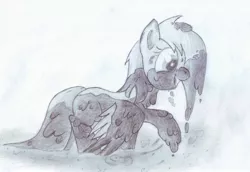 Size: 2686x1846 | Tagged: artist needed, safe, derpibooru import, derpy hooves, pegasus, pony, female, mare, monochrome, mud, muddy, traditional art