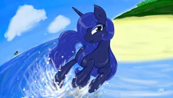 Size: 1366x768 | Tagged: artist:springveil, beach, derpibooru import, princess luna, safe, solo, splashing, water