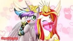 Size: 1200x673 | Tagged: safe, artist:phoenixperegrine, derpibooru import, oc, oc:poniko, oc:rokuchan, unofficial characters only, alicorn, pony, alicorn oc, alicornified, blushing, heart, princess rising sun, race swap, valentine