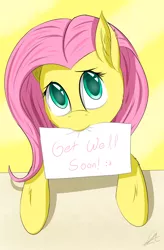 Size: 1800x2750 | Tagged: safe, artist:syntaxartz, derpibooru import, fluttershy, get well soon, mouth hold, sign, solo