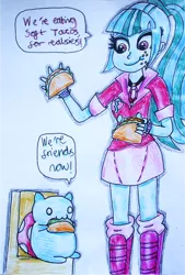 Size: 944x1398 | Tagged: safe, artist:blazingdazzlingdusk, derpibooru import, sonata dusk, equestria girls, rainbow rocks, bravest warriors, catbug, crossover, drawing, food, taco, traditional art