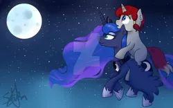 Size: 1024x640 | Tagged: safe, artist:saturnstar14, derpibooru import, princess luna, oc, flying, ponies riding ponies, watermark