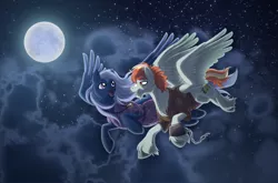 Size: 1446x954 | Tagged: safe, artist:demonic-pokeyfruit, derpibooru import, oc, oc:blitzkrieg, oc:starbright, unofficial characters only, pegasus, pony, cloud, colored wings, colored wingtips, duo, female, flying, full moon, jewelry, male, mare, moon, necklace, night, sky, stallion, starry night, unshorn fetlocks, windswept mane