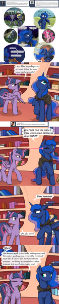 Size: 1075x5530 | Tagged: safe, artist:theparagon, derpibooru import, princess luna, twilight sparkle, twilight sparkle (alicorn), oc, oc:moonshroud, alicorn, bat pony, pony, hunted luna, cloak, clothes, colored pupils, comic, female, magic, mare, pinkluna