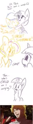 Size: 792x2911 | Tagged: safe, artist:tjpones, derpibooru import, edit, flash sentry, sunset shimmer, twilight sparkle, twilight sparkle (alicorn), alicorn, pony, clothes, comic, costume, dio brando, female, flashlight, gasp, hug, implied kissing, implied pregnancy, it was me, jojo's bizarre adventure, lesbian, magical lesbian spawn, male, mare, offspring, phantom blood, ponysuit, shipping, straight, sunsetsparkle, wat, what a twist