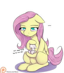 Size: 1225x1400 | Tagged: ..., angel bunny, artist:alasou, body swap, derpibooru import, dialogue, eyes closed, female, flutterpet, fluttershy, fluttershy wants to be a pet, hilarious in hindsight, patreon, patreon logo, petting, safe, simple background, sitting, transparent background, unamused