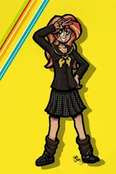 Size: 459x682 | Tagged: artist:sensko, clothes, crossover, derpibooru import, human, humanized, peace sign, persona, persona 4, safe, school uniform, solo, sunset shimmer