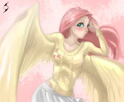 Size: 4252x3508 | Tagged: artist:blackrunewarlock, clothes, derpibooru import, fluttershy, human, humanized, pleated skirt, safe, skirt, solo, sweater, sweatershy, winged humanization