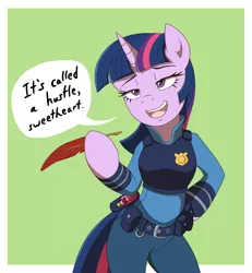 Size: 1875x2025 | Tagged: safe, artist:deannart, derpibooru import, twilight sparkle, pony, semi-anthro, arm hooves, badge, belt, bipedal, crossover, dialogue, disney, disney style, feather, grin, hoof hold, judy hopps, lidded eyes, open mouth, pen, police officer, quill, quote, reference, smiling, smug, solo, speech bubble, zootopia