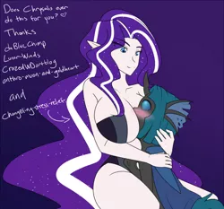 Size: 1280x1192 | Tagged: artist:jonfawkes, big breasts, blushing, boob smothering, breasts, busty nightmare rarity, changeling, derpibooru import, female, hand on head, holding head, human, humanized, lesbian, nightmare rarity, oc, oc:synch, series:nightmare war, smothering, suggestive