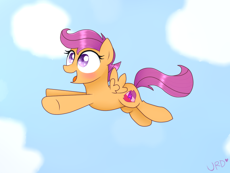 Size: 800x600 | Tagged: artist:ultrard, cloud, cloudy, colored pupils, cutie mark, derpibooru import, flying, open mouth, safe, scootaloo, scootaloo can fly, signature, smiling, solo, the cmc's cutie marks